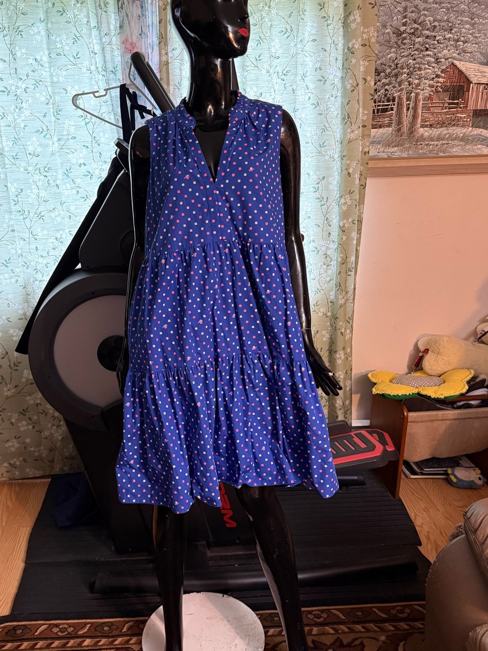Lilly Pulitzer Navy Blue Sleeveless Tiered Dress with Pink Polka Dots